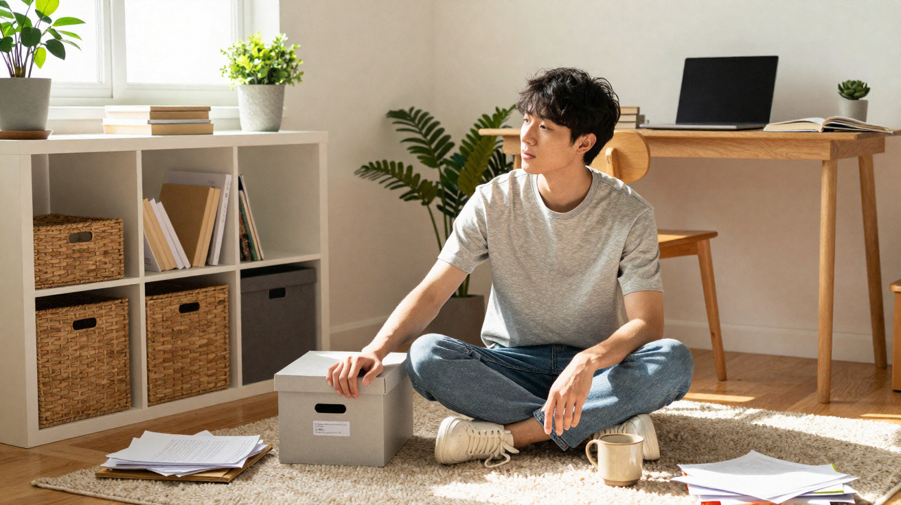 Jovem sentado no chão de um escritório em casa, rodeado de papéis, caixas e plantas decorativas.