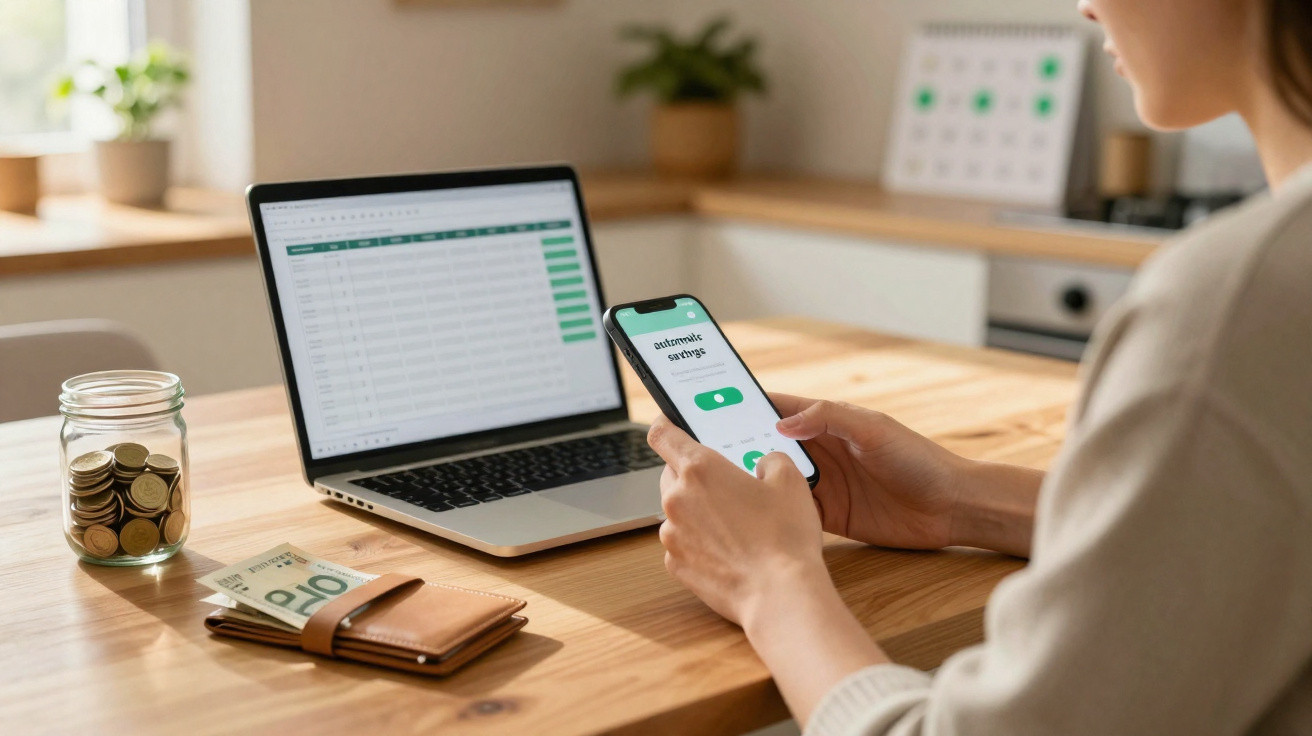 Pessoa a usar telemóvel com app de definições automáticas, computador portátil com tabela, carteira e moedas numa mesa.