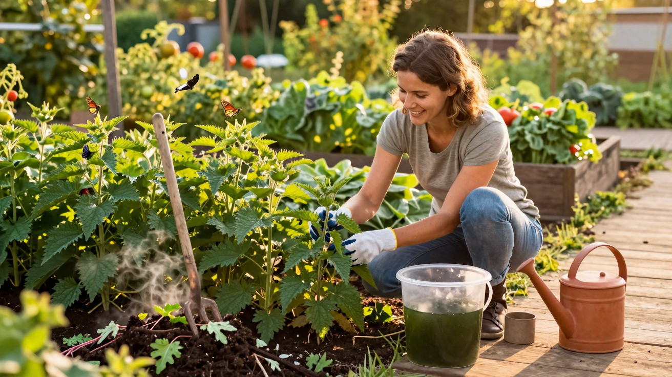 Mulher a cuidar de plantas num jardim, com regador, recipiente e ferramenta de jardinagem.