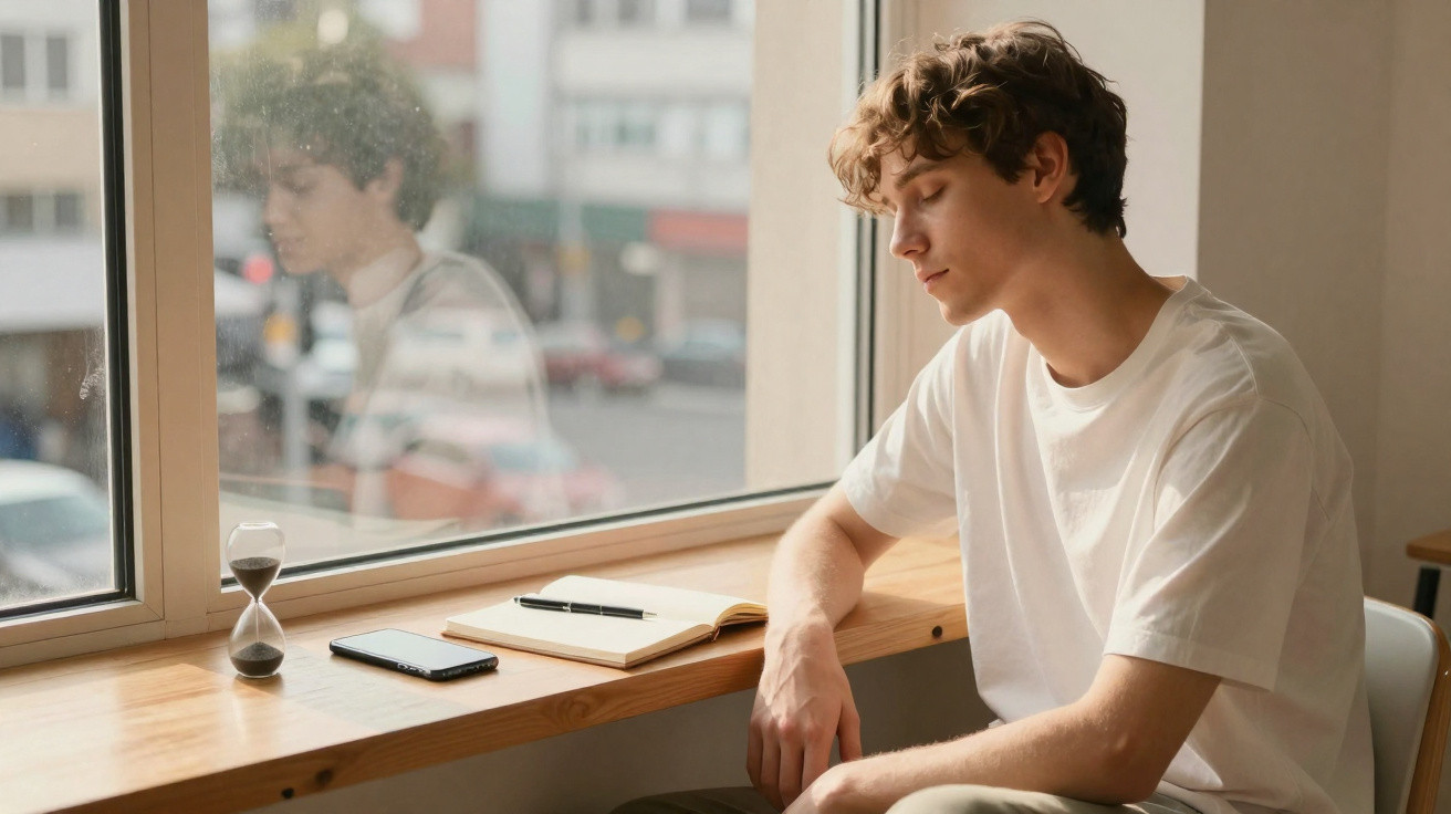 Jovem sentado ao lado de uma janela com caderno, telemóvel e ampulheta numa mesa de madeira.