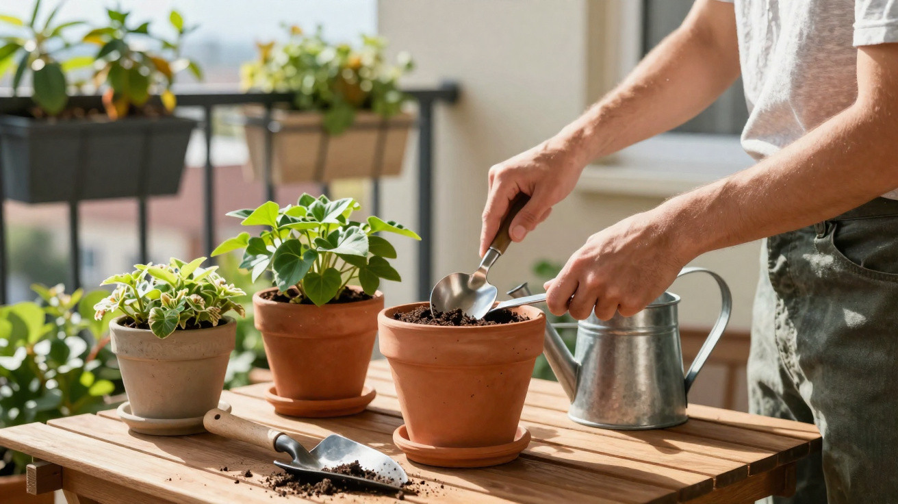Pessoa a preparar terra em vaso de barro para plantar numa varanda ensolarada com regador e plantas.