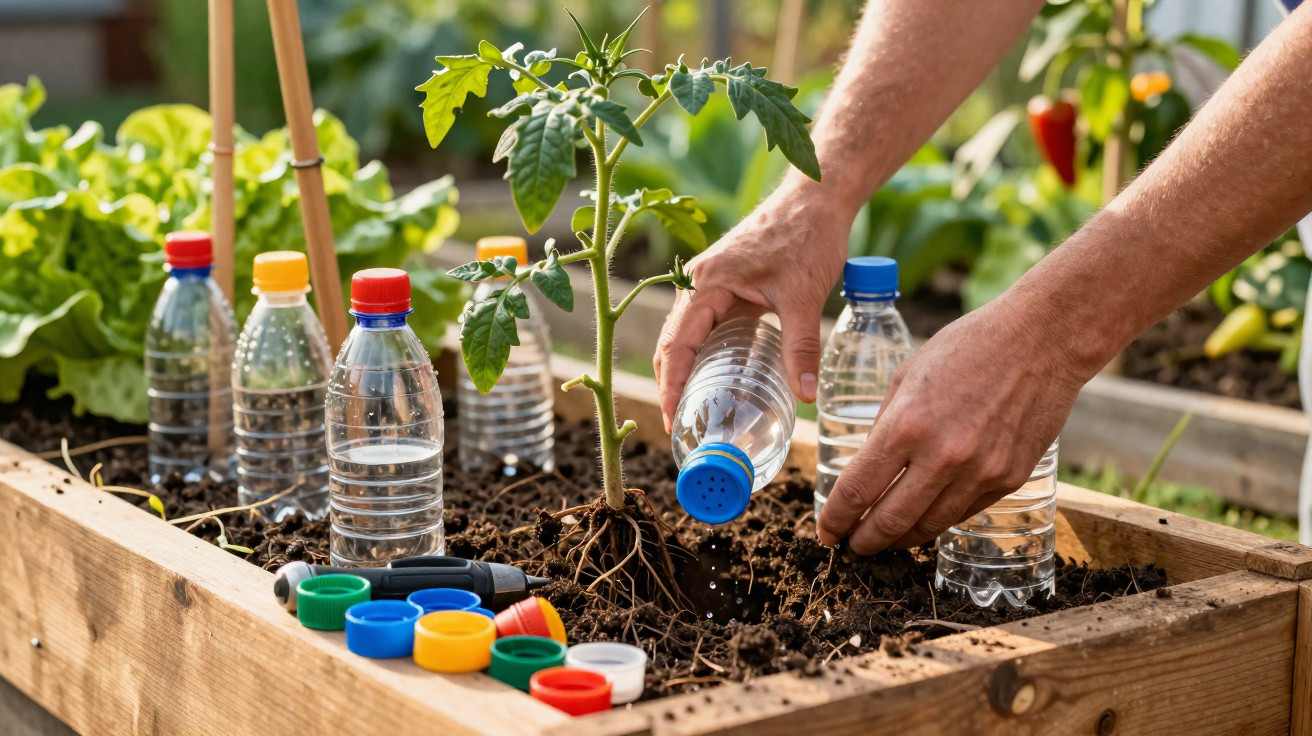Mãos a regar planta de tomate num canteiro com garrafas plásticas recicladas usadas como regadores.
