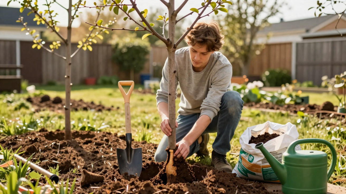 Jovem a plantar uma árvore num jardim, com pá, regador e saco de terra à sua volta.