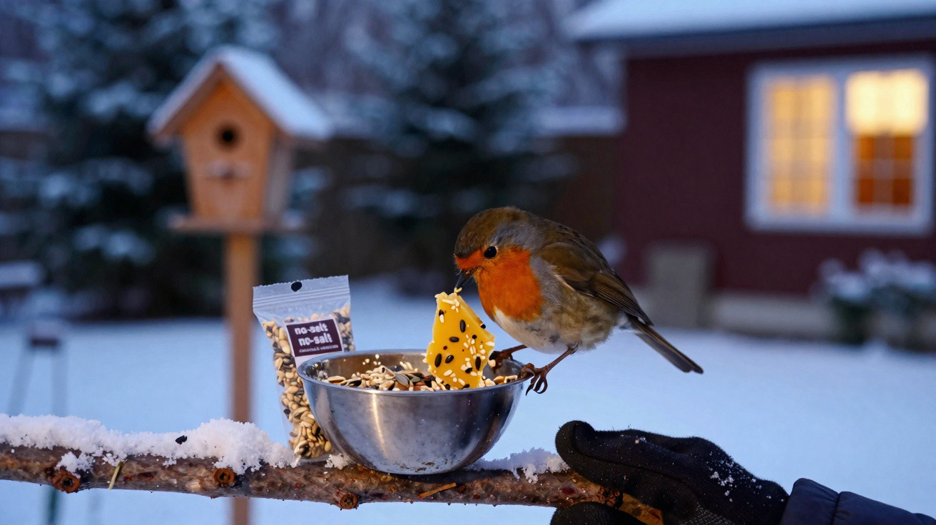 Pardal com peito laranja a comer migalhas numa taça com neve ao fundo e mão com luva preta a segurá-la.