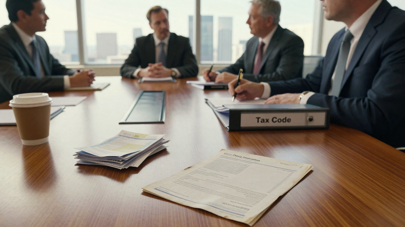 Reunião de negócios com quatro homens em fato à volta de mesa com documentos e pasta rotulada "Tax Code".
