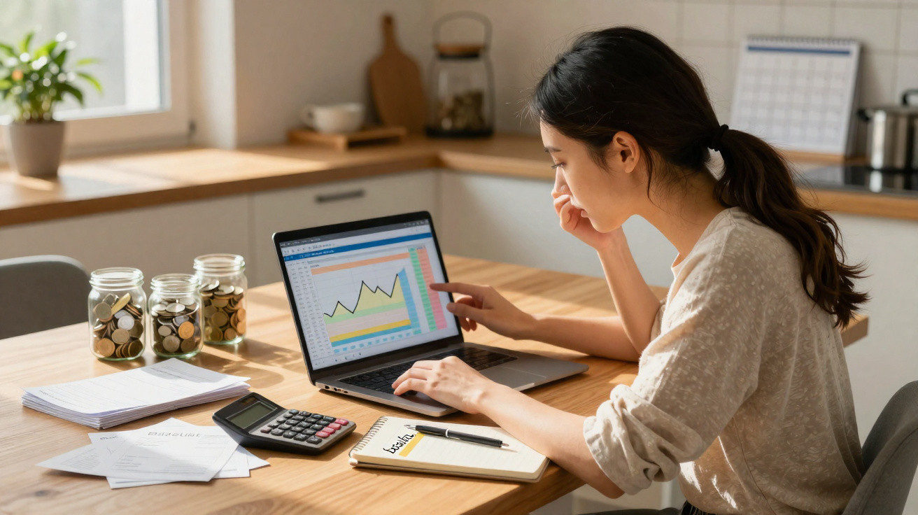 Mulher a analisar gráficos financeiros no portátil enquanto calcula despesas numa mesa com moedas e documentos.