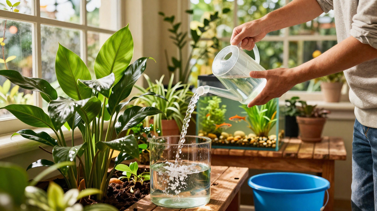 Pessoa a regar plantas e encher vaso com água num ambiente interior luminoso e cheio de plantas verdes.