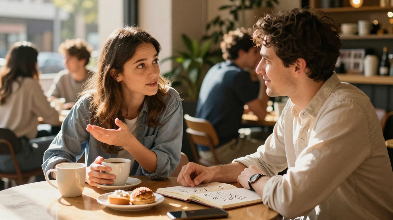 Casal conversa num café, com bebidas e sobremesas na mesa, num ambiente acolhedor e iluminado.