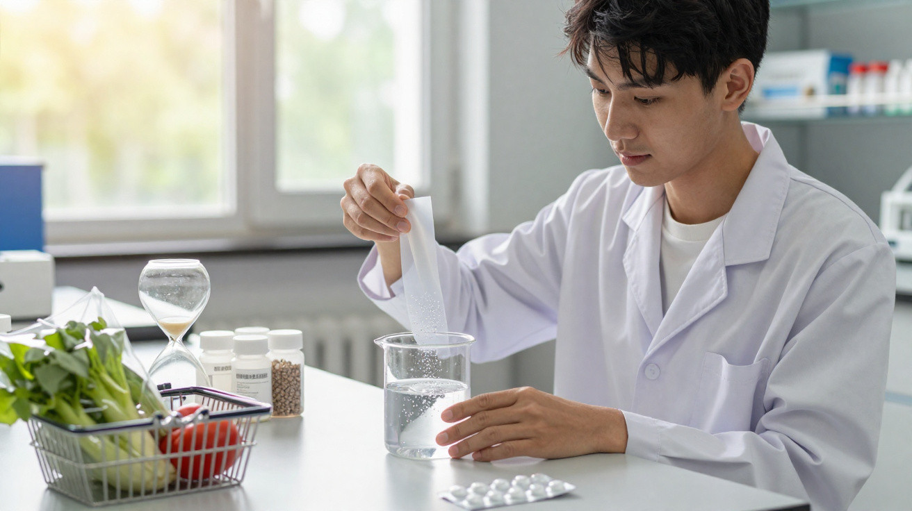 Homem de bata branca a dissolver comprimido efervescente em copo no laboratório, com legumes ao lado.