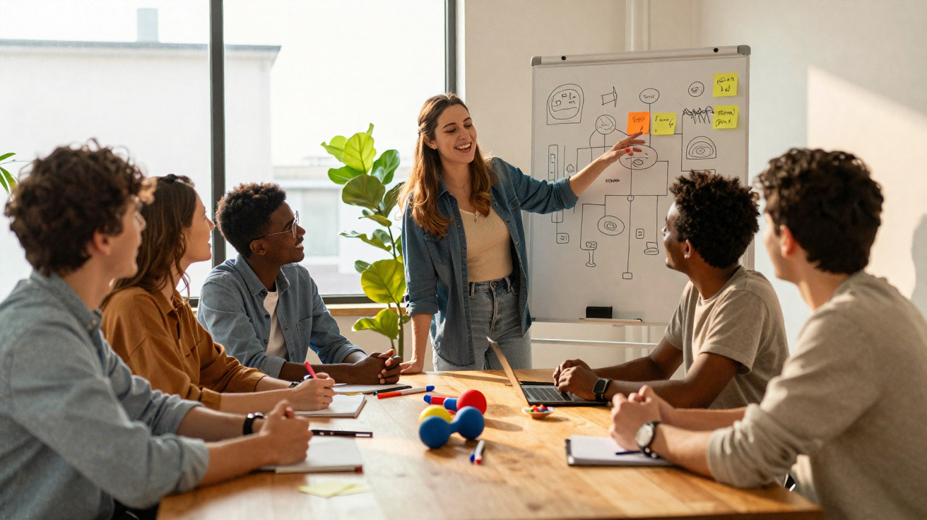 Grupo de jovens em reunião de trabalho com mulher a apresentar ideia num quadro branco com notas adesivas.
