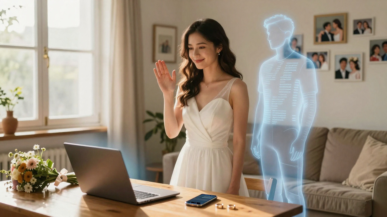 Mulher com vestido branco acena para holograma masculino ao lado de computador numa sala iluminada.