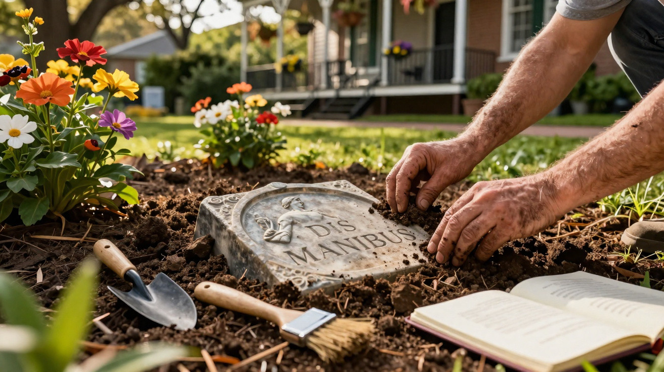Mãos a limpar uma lápide no jardim, rodeada de flores, com ferramentas de jardinagem e livro aberto ao lado.