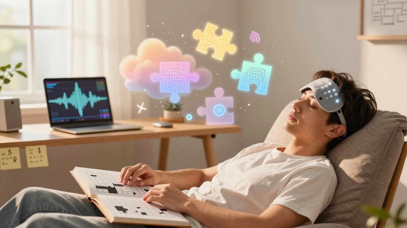 Jovem relaxa com máscara de luz LED a fazer exercícios mentais com tabuleiro de palavras cruzadas e laptop.