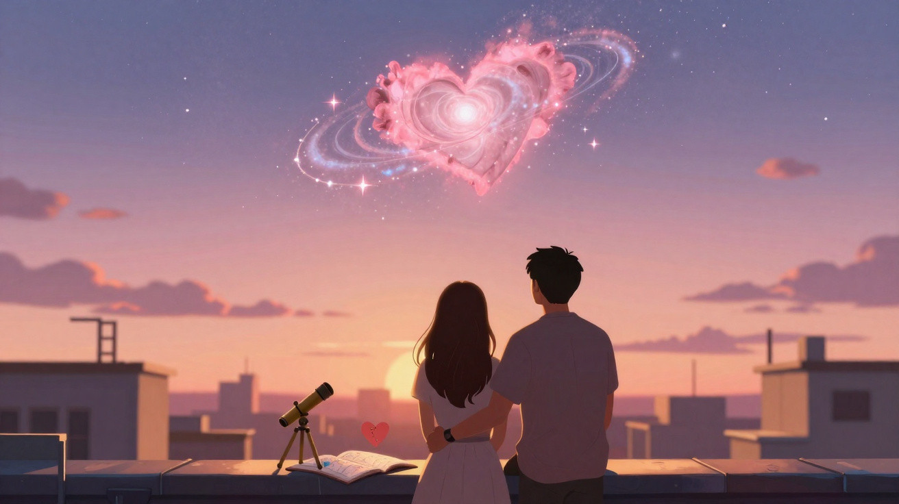 Casal abraçado na varanda ao pôr do sol, observando coração brilhante no céu estrelado.
