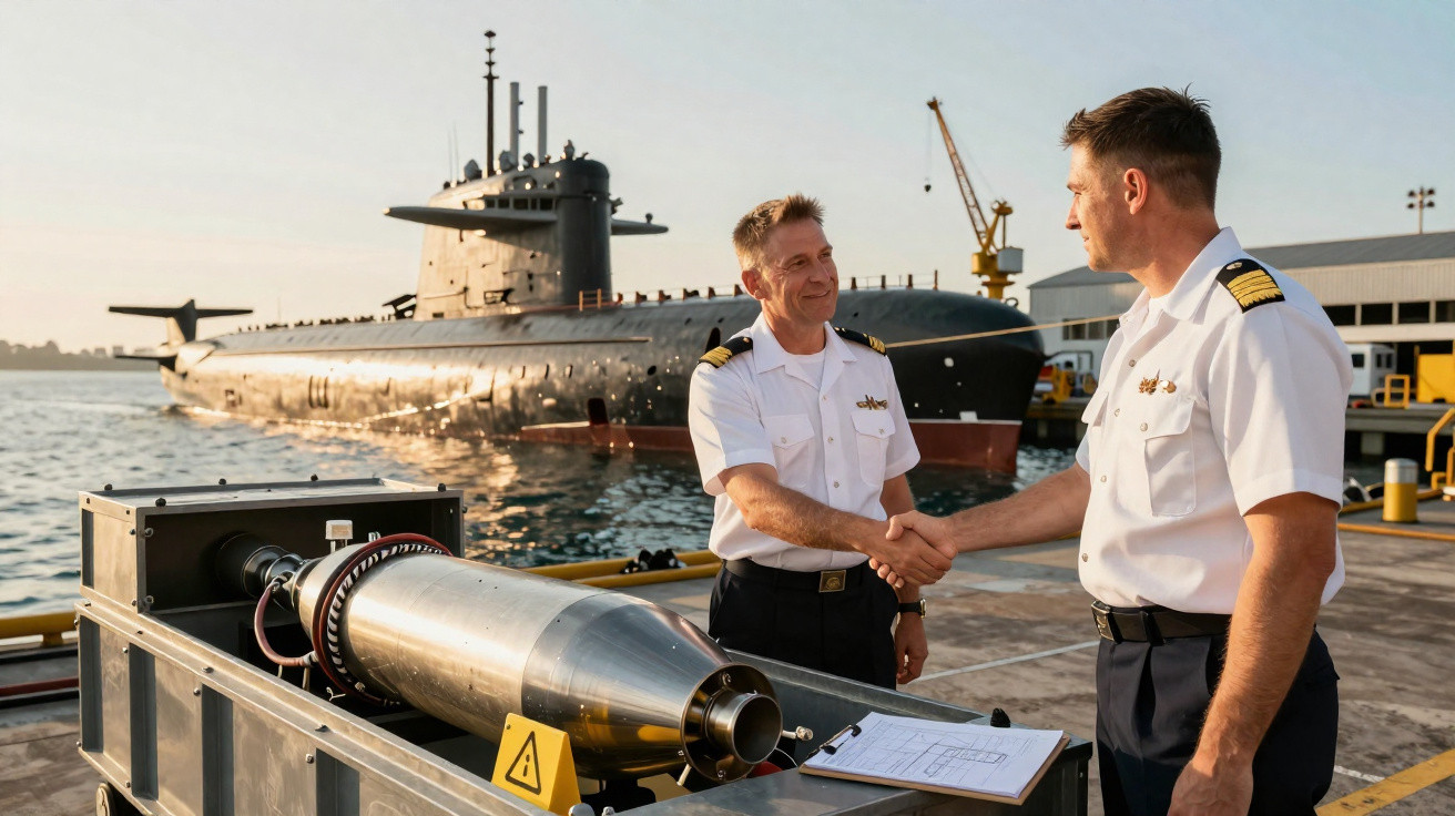 Dois oficiais da marinha a cumprimentarem-se num cais junto a um submarino e munição militar.