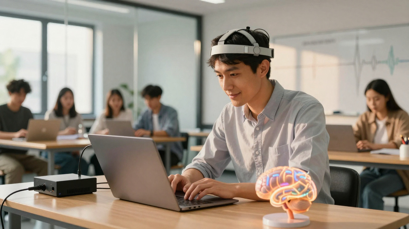 Jovem com dispositivo EEG a usar laptop numa sala de aula com modelo de cérebro na secretária.