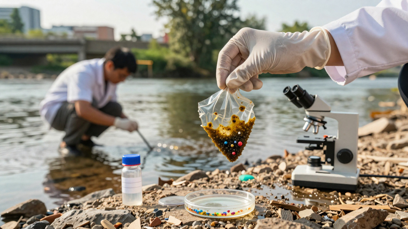 Cientista coleta amostra de água com microplásticos perto de rio, com microscópio e tubos de ensaio na margem.