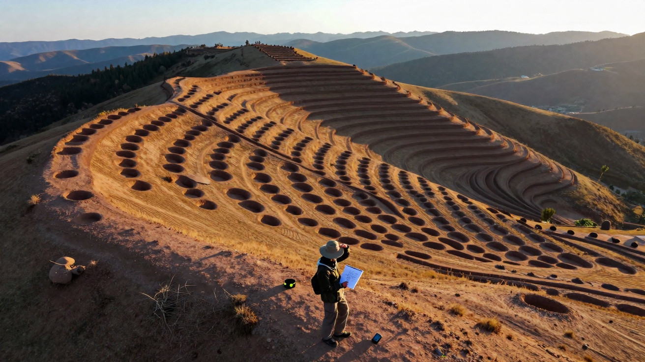 Pessoa de chapéu observa terreno montanhoso com buracos organizados em padrões concêntricos ao pôr do sol.