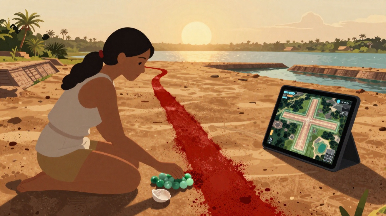 Jovem sentada na praia ao pôr do sol com tablets e ovos de tartaruga perto de uma linha vermelha no chão.