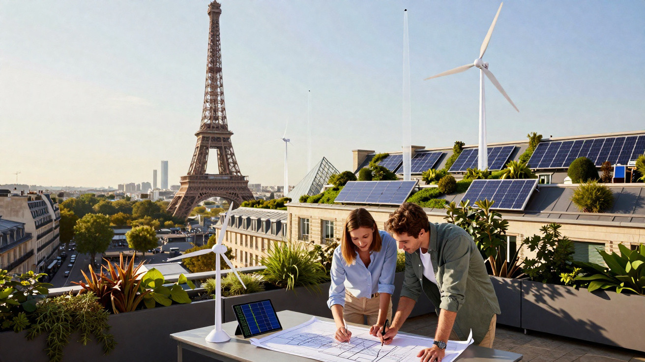 Duas pessoas a trabalhar em projeto sustentável numa varanda com painéis solares e turbinas eólicas em Paris, Torre Eiffel ao