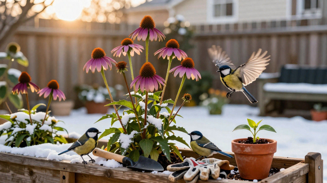 Três pássaros sobre um canteiro com flores roxas, neve e ferramentas de jardinagem ao pôr do sol.