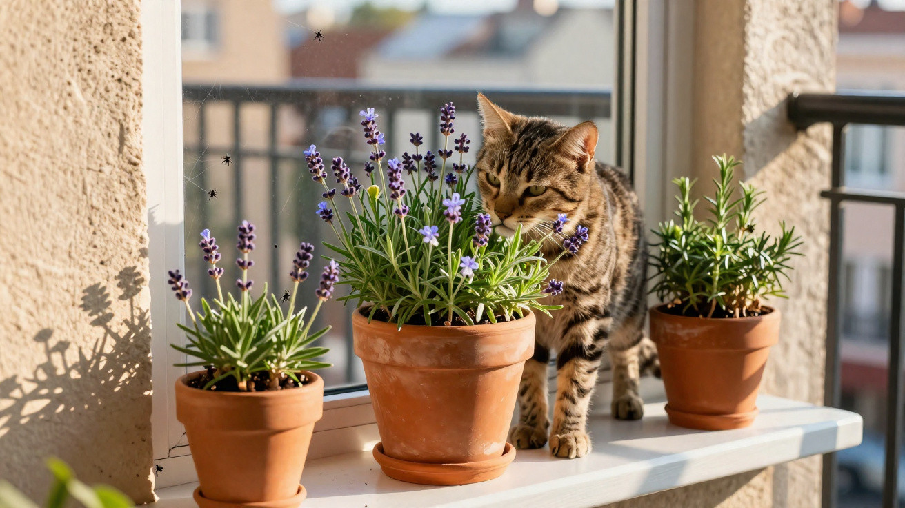 Gato a cheirar planta de lavanda numa varanda soalheira com três vasos de barro.
