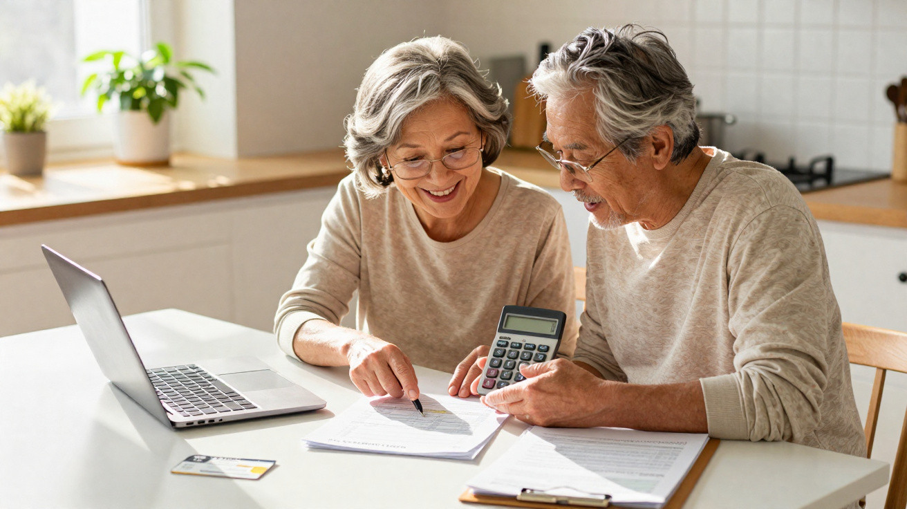 Casal sénior a analisar documentos e a usar calculadora numa mesa com computador portátil.