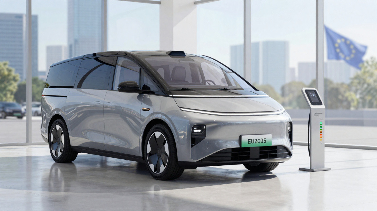 Carrinha elétrica cinza estacionada numa sala moderna próxima a um posto de carregamento com bandeira da UE ao fundo.