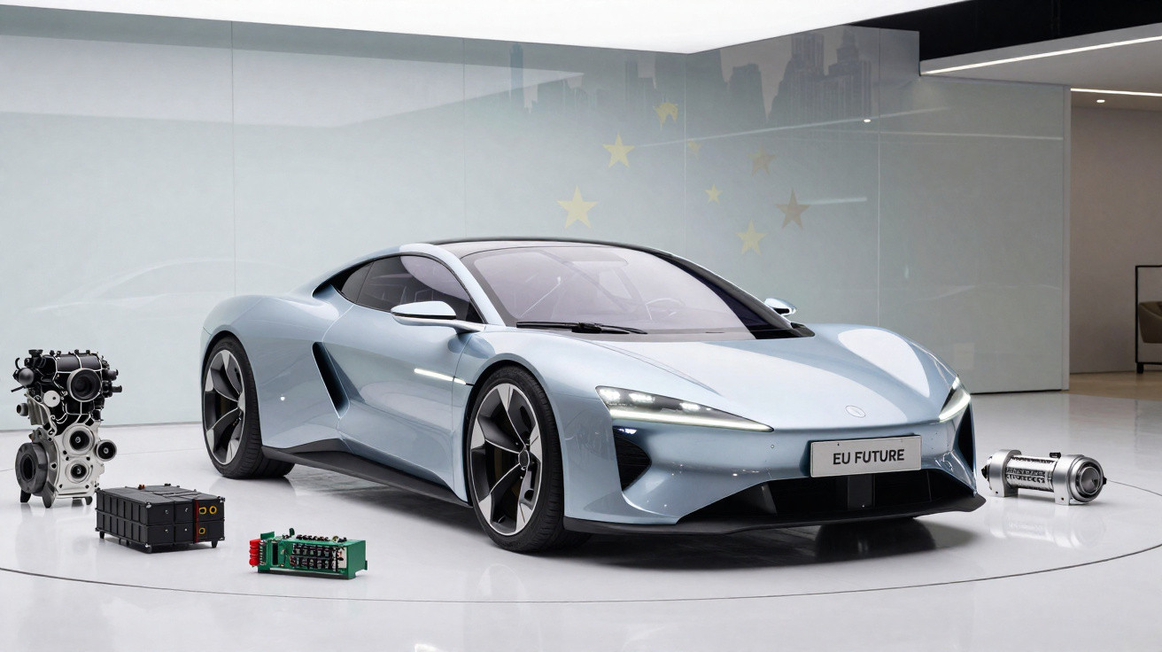 Carro desportivo azul claro com design aerodinâmico em exposição, rodeado por componentes tecnológicos.