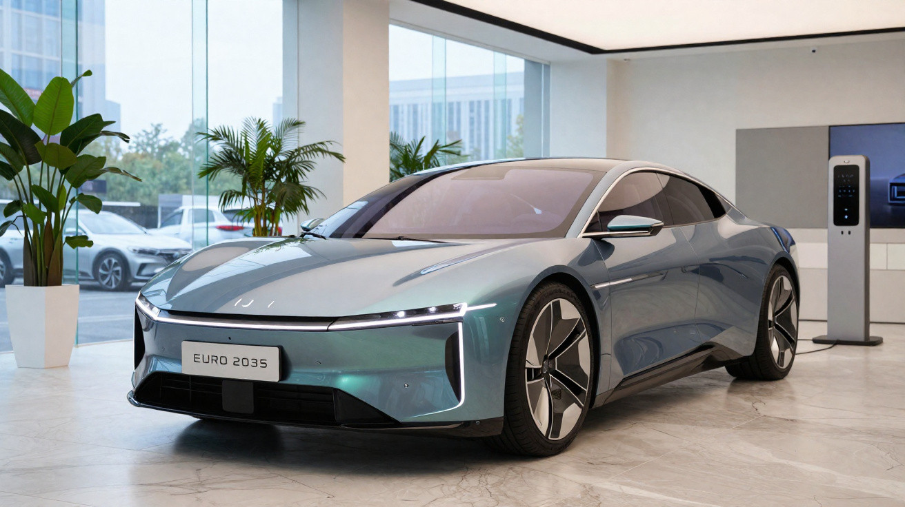 Carro elétrico moderno e futurista cor azul acinzentada estacionado em showroom com plantas e parede de vidro.