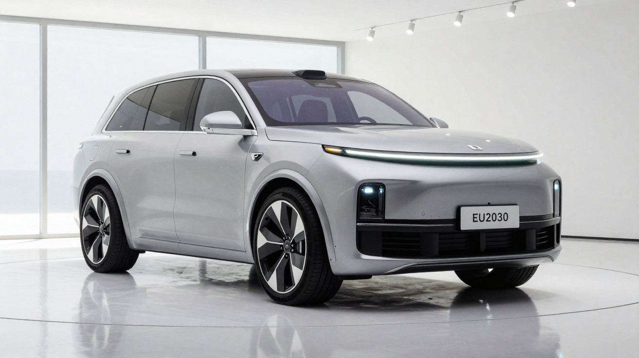 Carro elétrico SUV cinza prateado exibido num estúdio minimalista com piso branco e luz natural.
