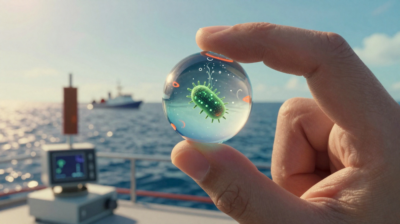 Mão a segurar uma esfera transparente com uma bactéria verde vista em frente ao mar e um barco ao fundo.