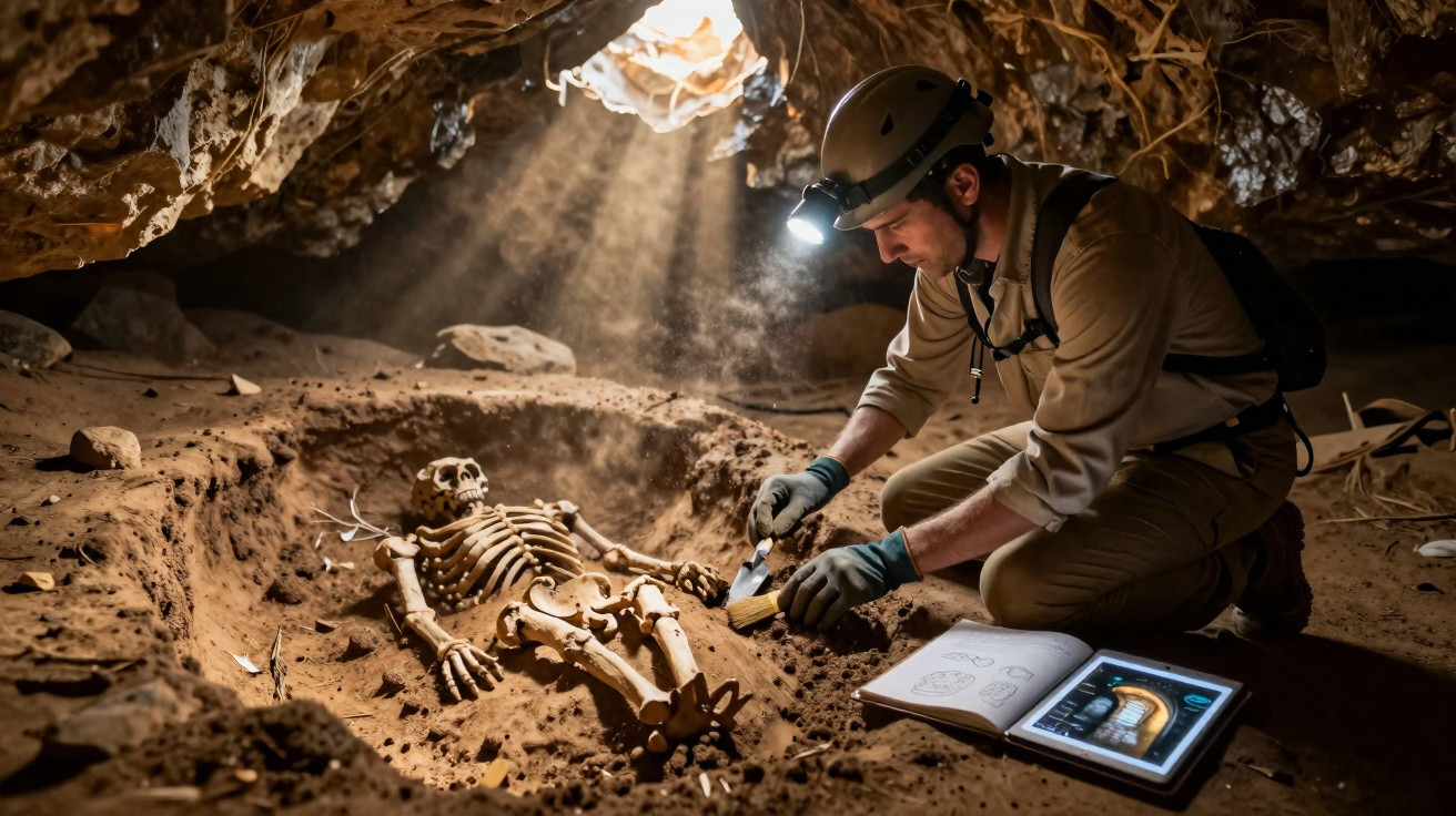 Arqueólogo escavando e examinando um esqueleto humano antigo numa gruta com luz da lanterna na cabeça.