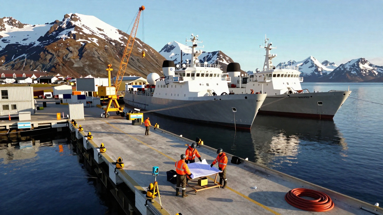 Porto com dois navios brancos ancorados, montanhas nevadas ao fundo e trabalhadores com coletes laranja.