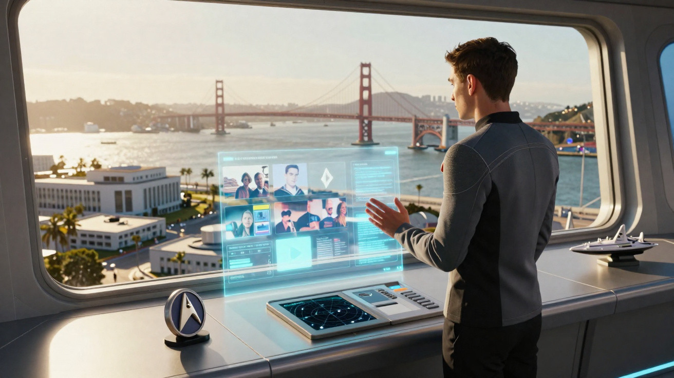 Homem interage com ecrã digital transparente numa sala futurista com vista para a Ponte Golden Gate.