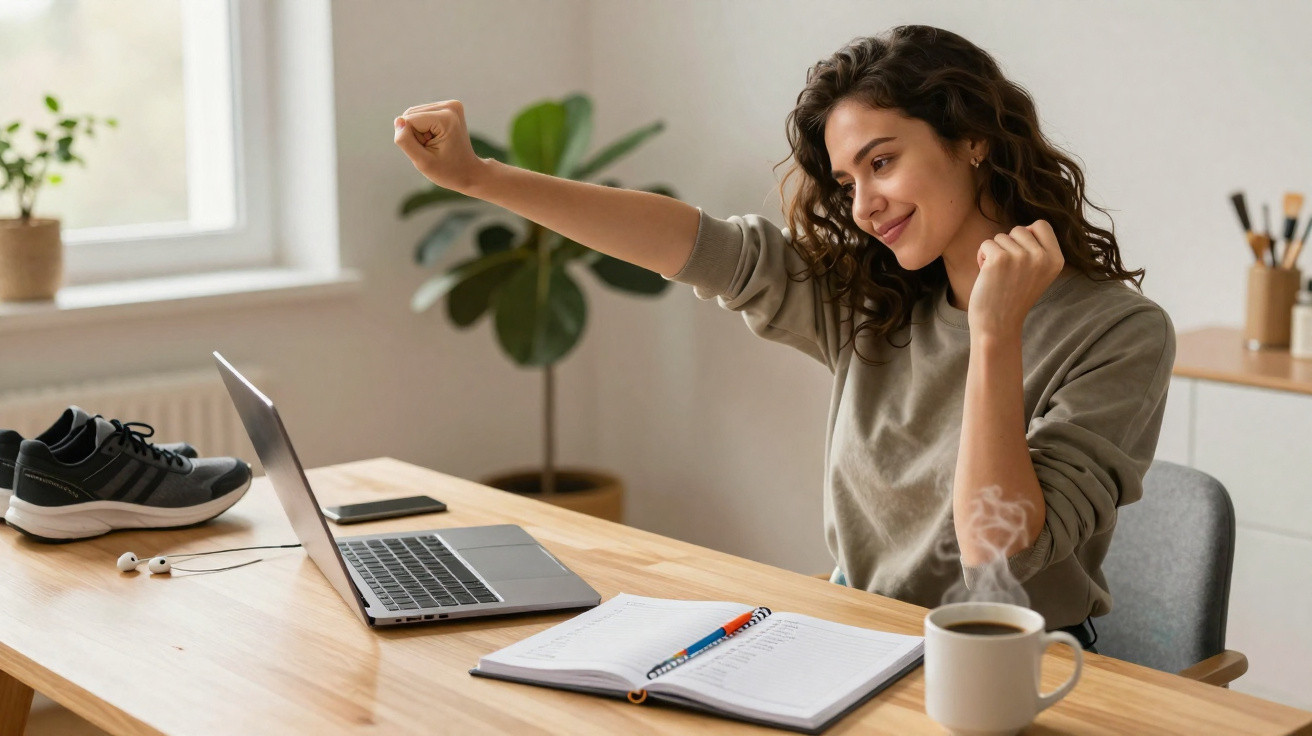 Mulher com cabelo cacheado estica os braços e sorri sentada em secretária com computador, caderno e chá.