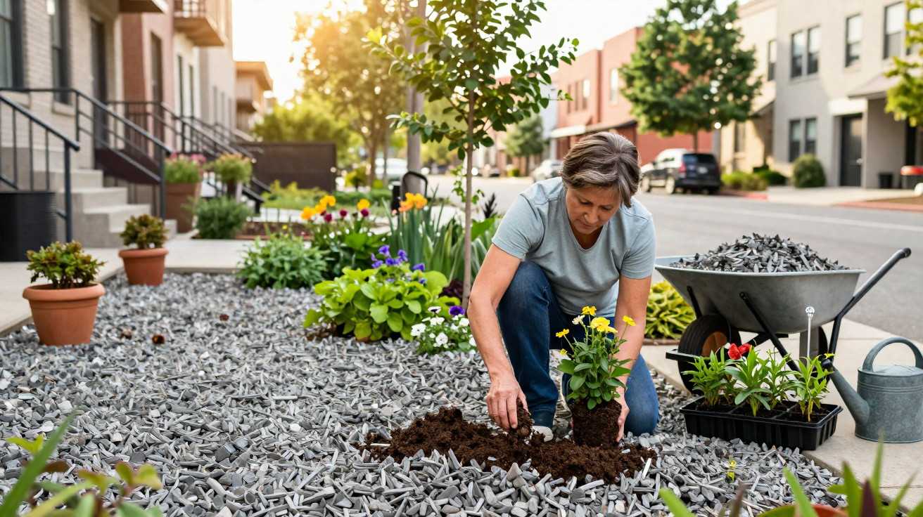 Mulher a plantar flores num jardim com pedra britada numa rua residencial urbana.