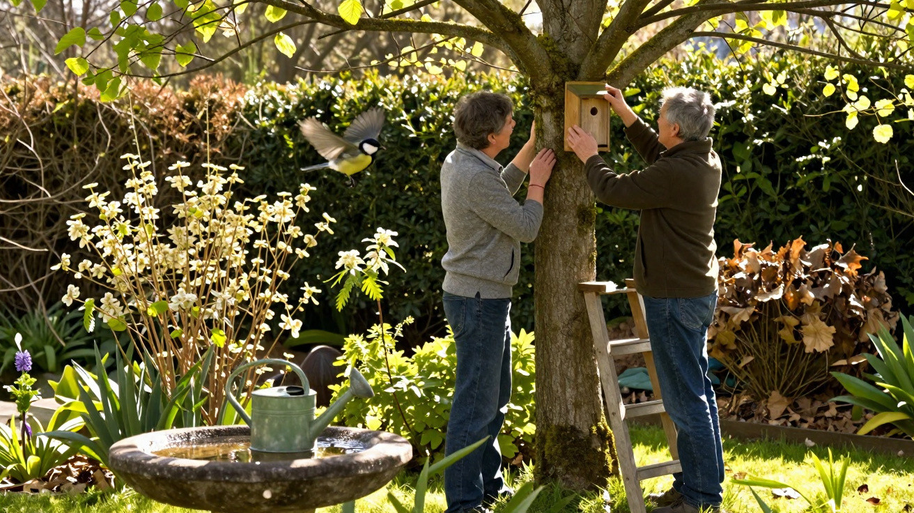 Dois homens a instalar uma casa de pássaros numa árvore num jardim florido com uma escada e um regador.