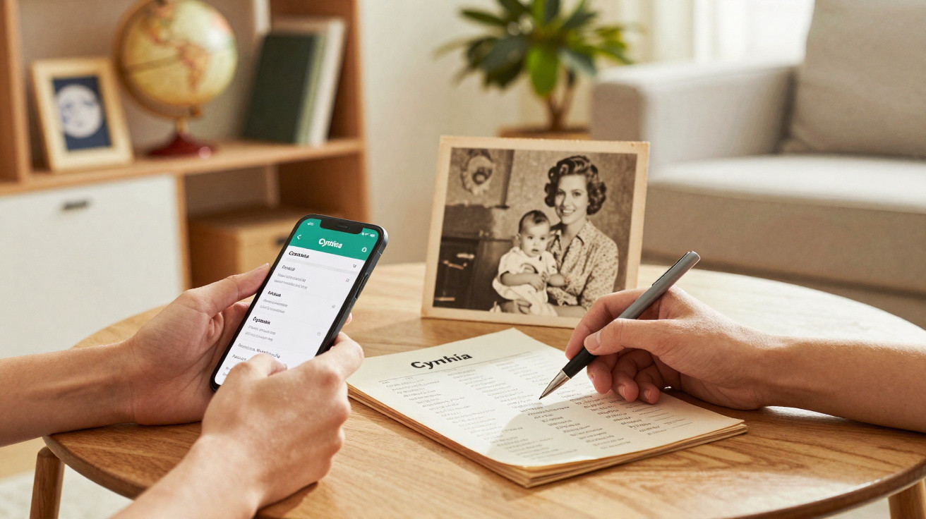 Pessoas a consultar lista e telemóvel, com foto a preto e branco de mãe e bebé numa mesa de madeira.