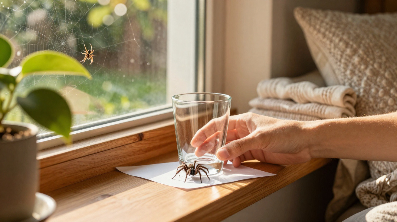 Mão a apanhar uma aranha grande com um copo transparente numa janela, com outra aranha numa teia.