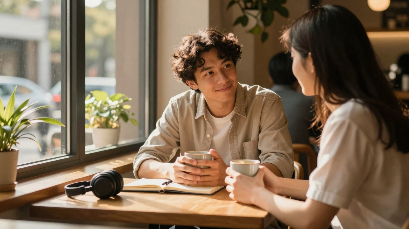 Dois jovens sentados num café a conversar e a beber café, com luz natural a entrar pela janela.
