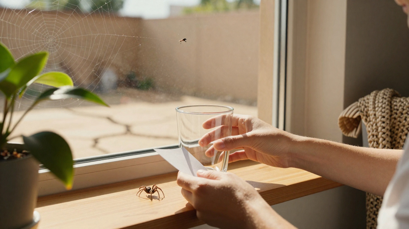 Mão segurando copo de vidro ao lado de aranha e teia de aranha numa janela iluminada pelo sol.