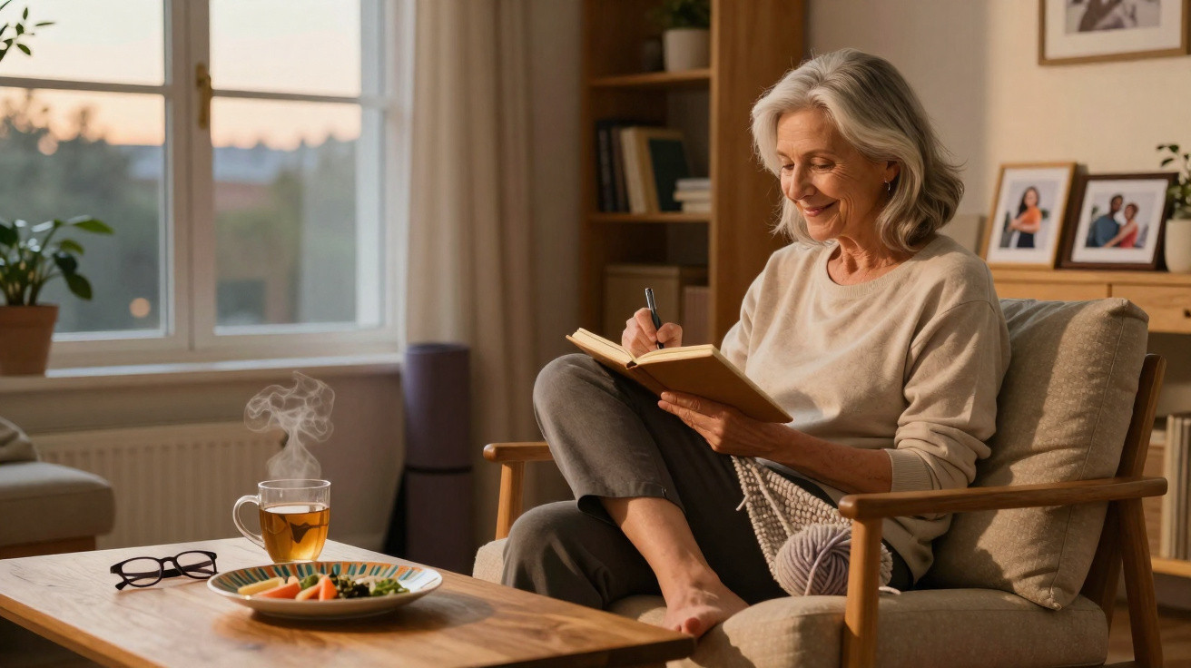 Mulher idosa sentada a escrever num caderno, num ambiente acolhedor com chá e snacks numa mesa de madeira.