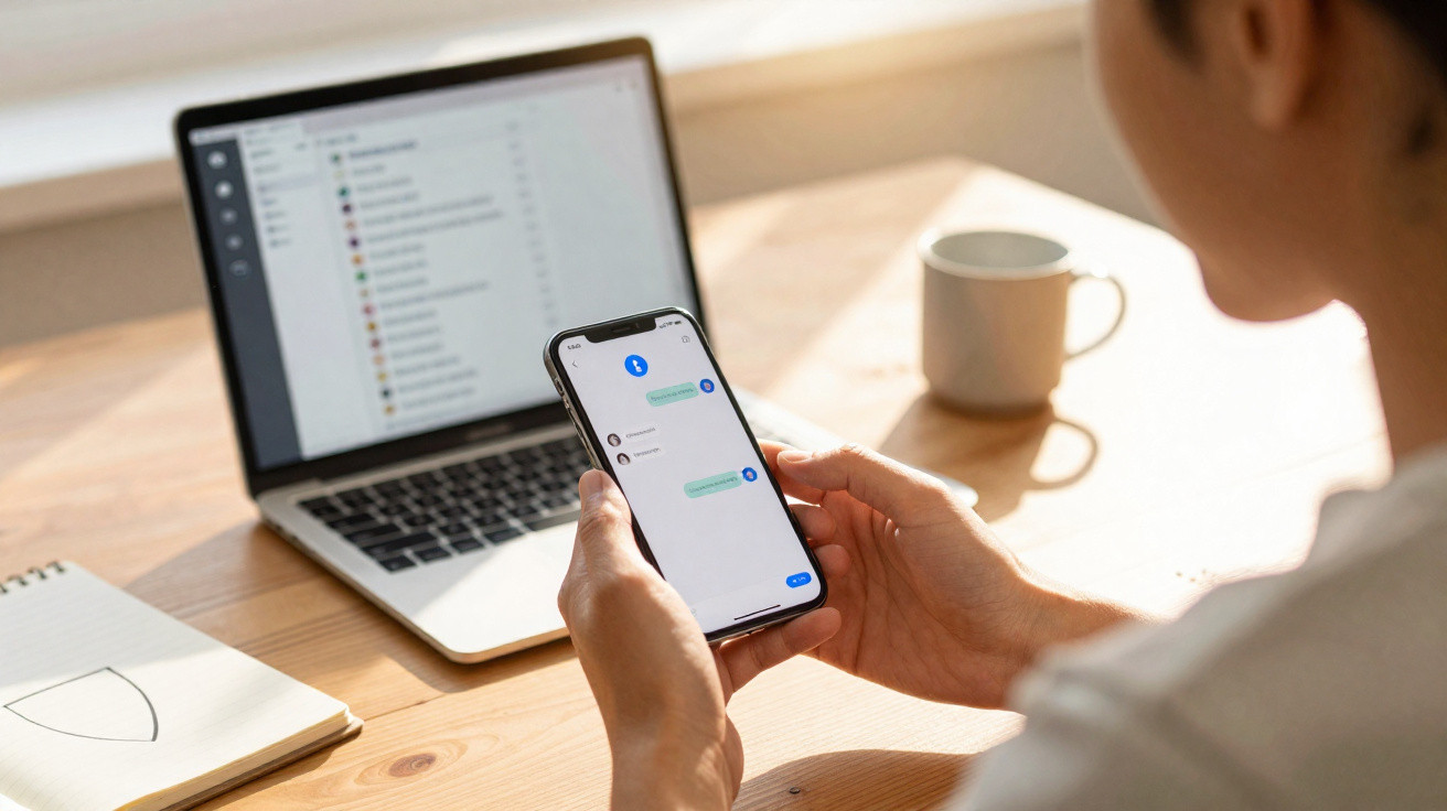 Pessoa a usar telemóvel com aplicação de mensagens e computador portátil aberto numa mesa de madeira.