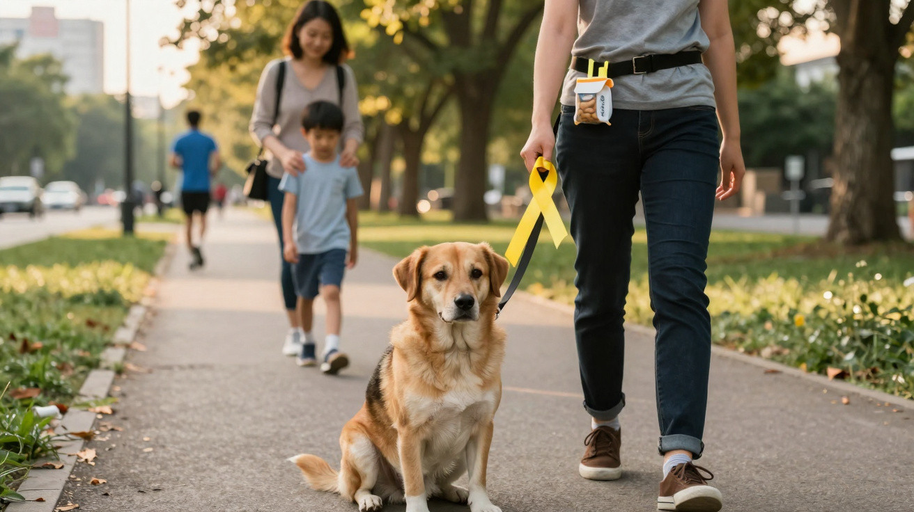 Pessoa a passear um cão guia com fita amarela, com mãe e filho ao fundo no passeio de um parque.