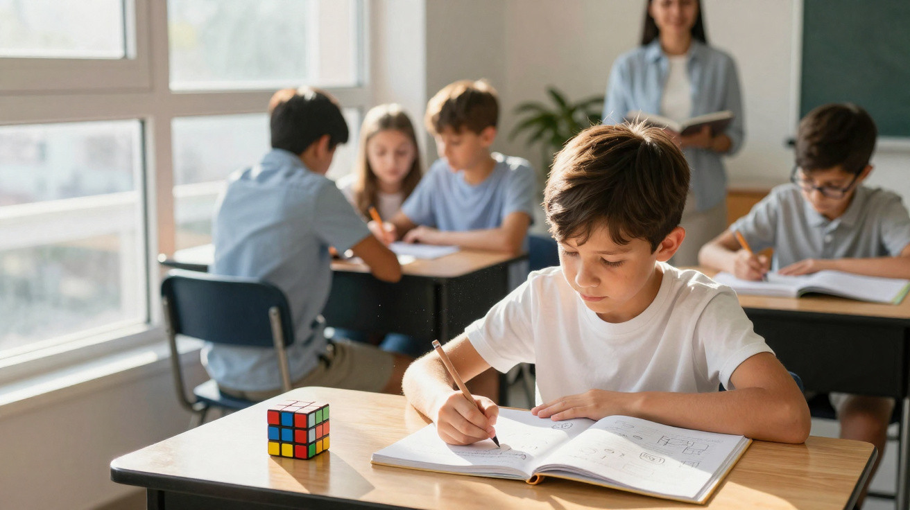 Crianças a estudar numa sala de aula com uma professora ao fundo e um cubo mágico na secretária.