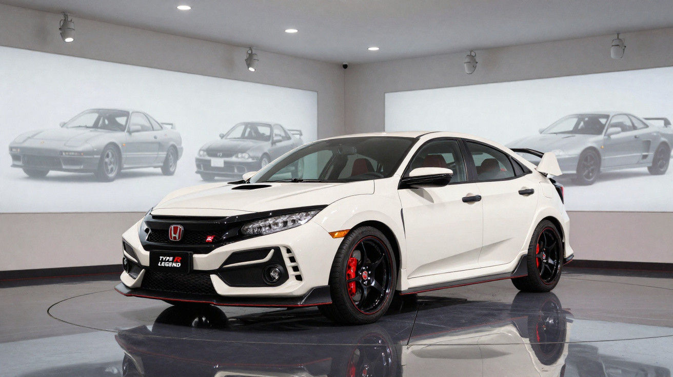Honda Civic Type R branco em exposição com imagens de modelos antigos projetadas ao fundo.