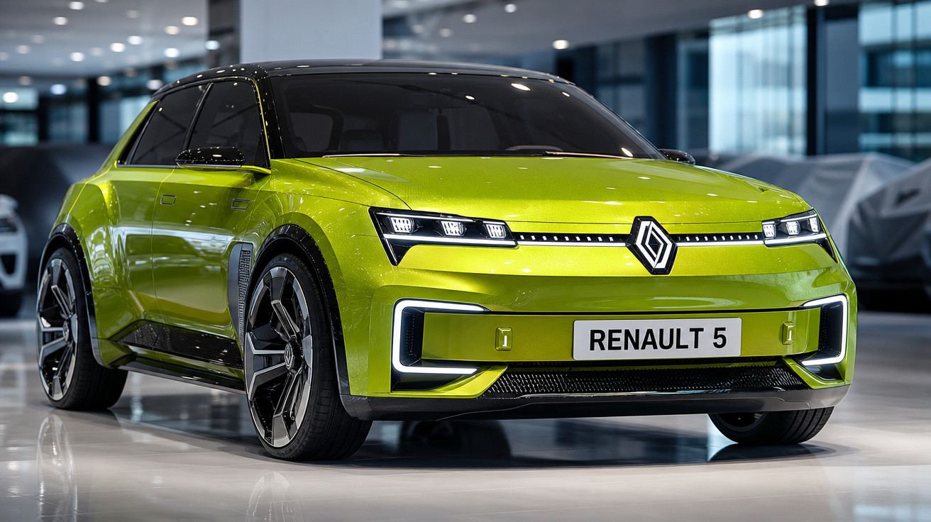 Carro desportivo elétrico Renault 5 de cor verde limão exibido em showroom moderno.