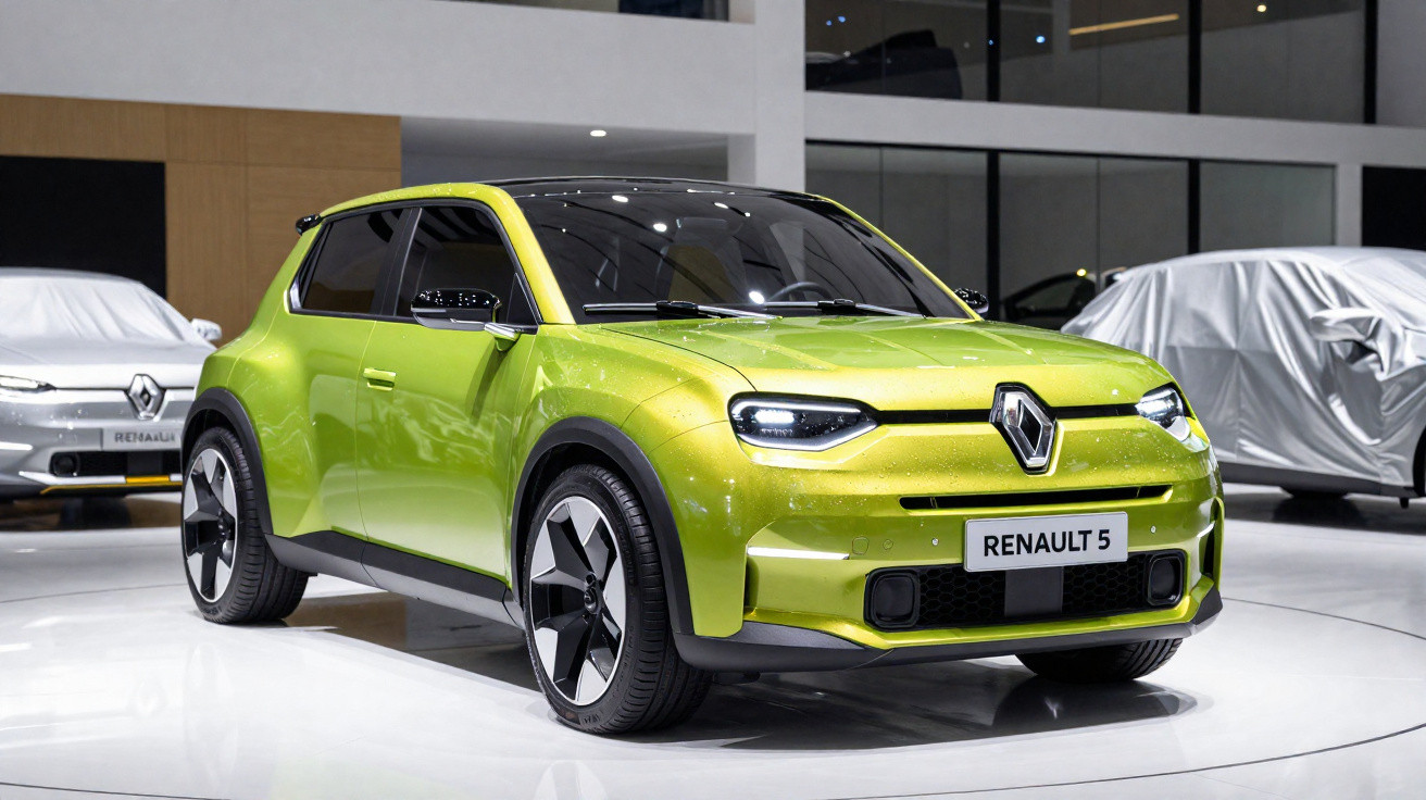 Carro elétrico Renault 5 verde numa exposição automóvel moderna com jantes pretas e cinzentas.