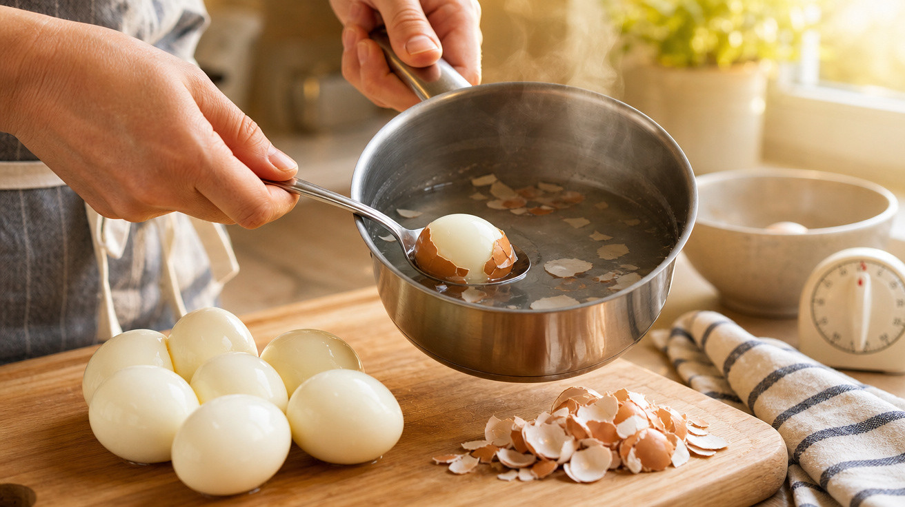 Pessoa a retirar ovos cozidos de uma panela com água quente para descascar na cozinha.